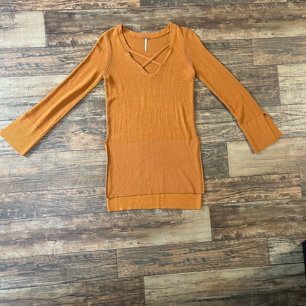 Free People criss cross tunic length Sweater with Side Slits